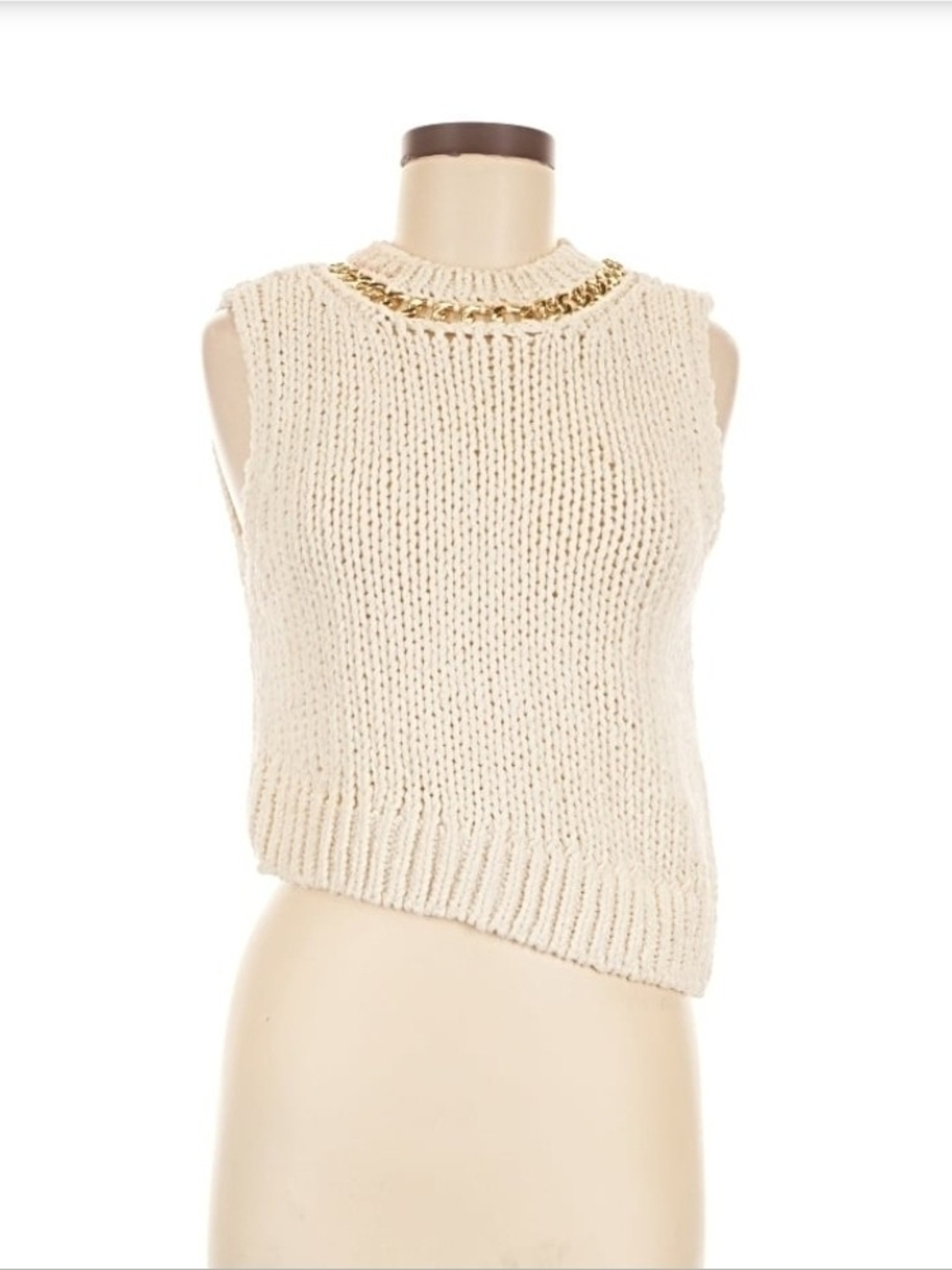Zara Cream Knit Sleeveless Tank with Gold Chain Trim